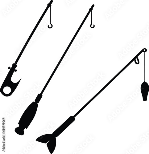 Three black fishing rods silhouettes with hooks and sinkers isolated on a white background
