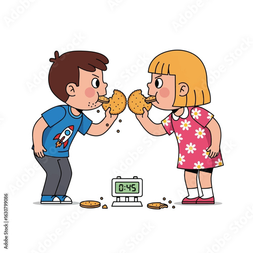 Two children compete in a cookie eating contest, with a timer showing 45 seconds.