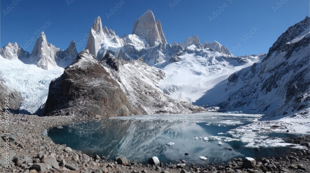 Obraz premium Majestic Mountain Landscape With a Tranquil Lake and Snowy Peaks on a Clear Sunny Day