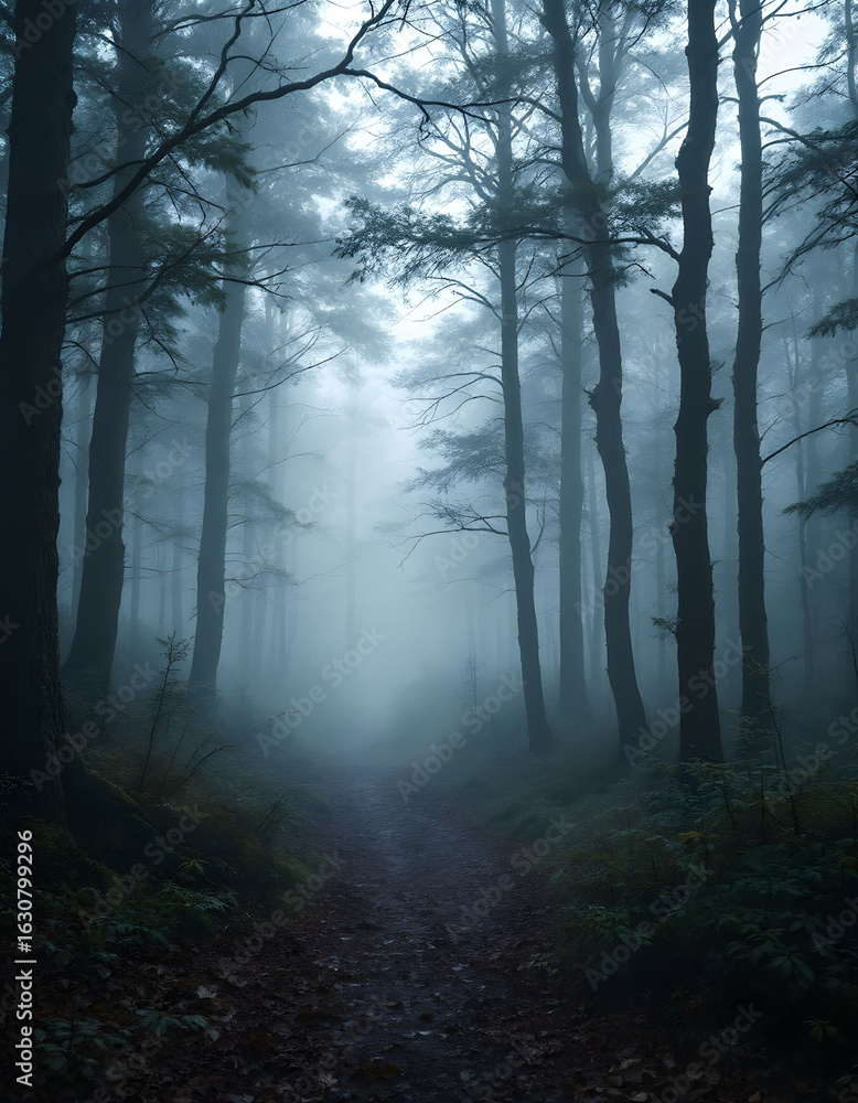 Fototapeta premium Misty Forest Path A Moody Landscape with Tall Trees and a Winding Trail