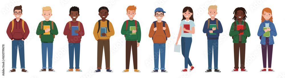 Naklejka premium Multiracial students standing in a row holding books on white background 
