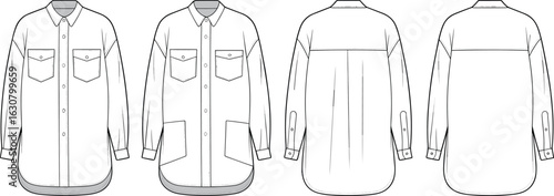 Shirt technical drawing, front back views, button-down design, chest flap pockets, long sleeves, curved hemline, garment construction sketch