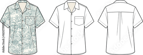 Short-sleeve shirt design, button-up front, floral pattern, collar detail, chest pocket, back pleat, yoke, fashion sketch, garment illustration, technical drawing