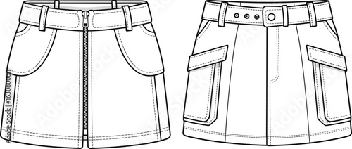 Skirt technical drawing, front and back view, zipper closure, belt loops, flap pockets, stitching detail, fashion sketch, garment template, outline style