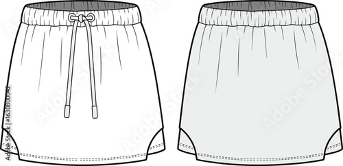 Skirt technical drawing set, elastic waistband, drawstring option, stitching detail, casual wear design, fashion sketch, garment construction, apparel template