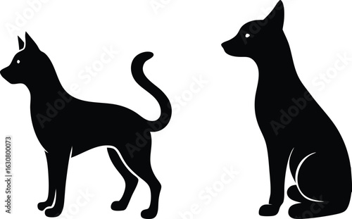Two black cat silhouettes, with one standing and one sitting. Isolated pet animal icon.