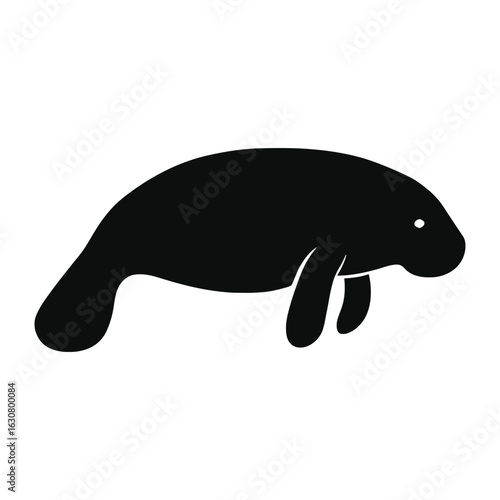 Simple black silhouette of a manatee swimming with flippers and tail on white background