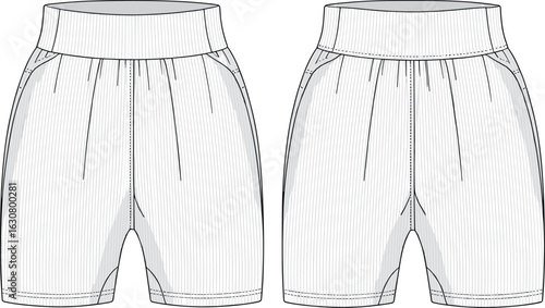 Striped shorts technical sketch, high waistband design, side pockets, fashion illustration, garment construction drawing, clothing template, pattern making reference