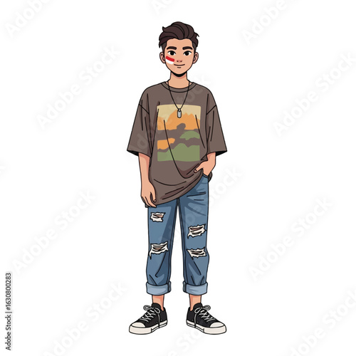 A young man stands confidently, wearing casual attire and a painted face.