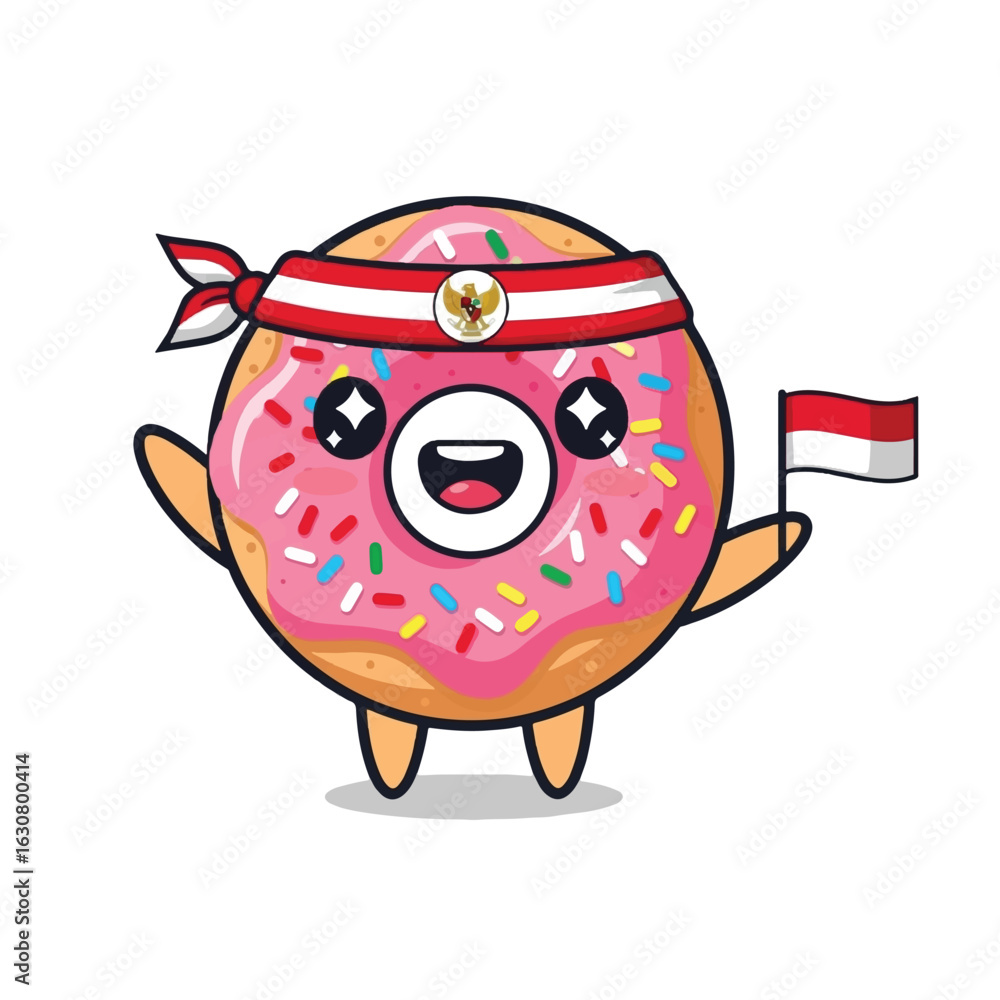 Fototapeta premium A cartoon donut character wearing a headband and holding an Indonesian flag, smiling with sparkling eyes.