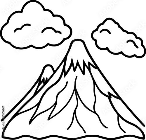 Volcano mountains with clouds black outline vector and illustration, coloring book page