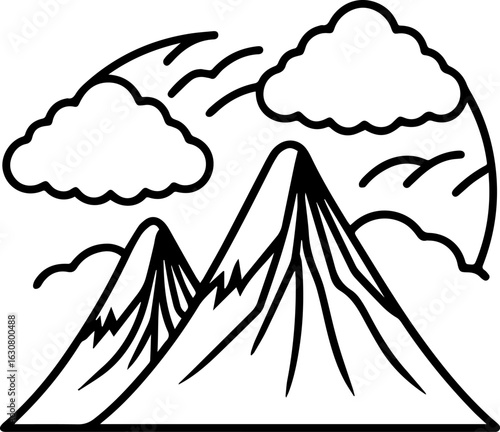 Volcano mountains with clouds black outline vector and illustration, coloring book page