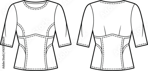 Technical garment sketch, fitted top design, fashion illustration, structured silhouette drawing, sewing pattern reference, three-quarter sleeve, round neckline, seam detail