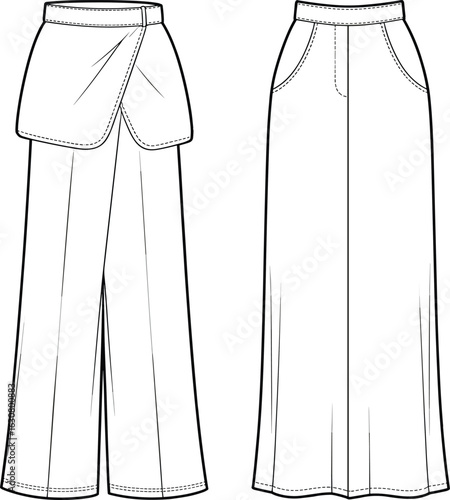 Wide-leg pants illustration, overlapping flap detail, front pockets, stitching accents, fashion sketch, garment design, technical drawing, apparel template