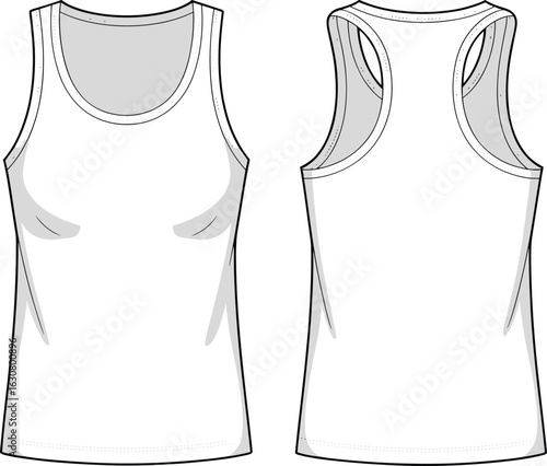 White tank top sketch, front and back view, racerback design, round neckline, sleeveless style, fashion drawing, garment illustration, apparel