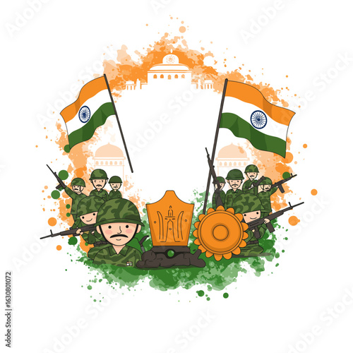 Kargil Vijay Diwas tribute with Indian soldiers and flags