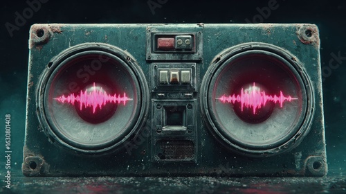 Rusty boombox with glowing sound waves
