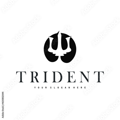 Trident logo weapon concept,  pitchfork weapon as a symbol of poseidon, neptune, the god of the sea, design illustration concept for product brand, shop, template and poster