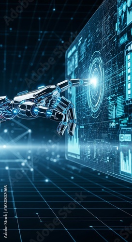 Artificial intelligence robot touching digital screen with data.