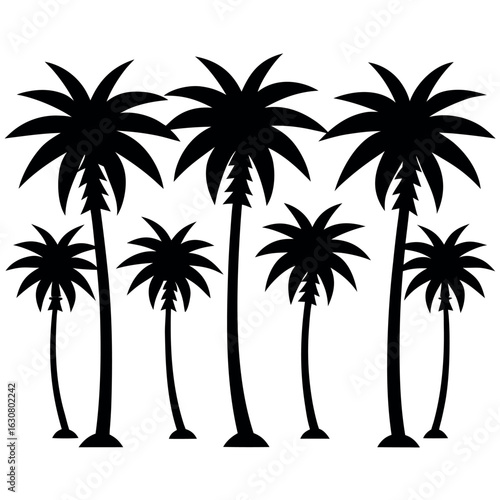 Sunset palm tree silhouette illustration on a tropical beach island