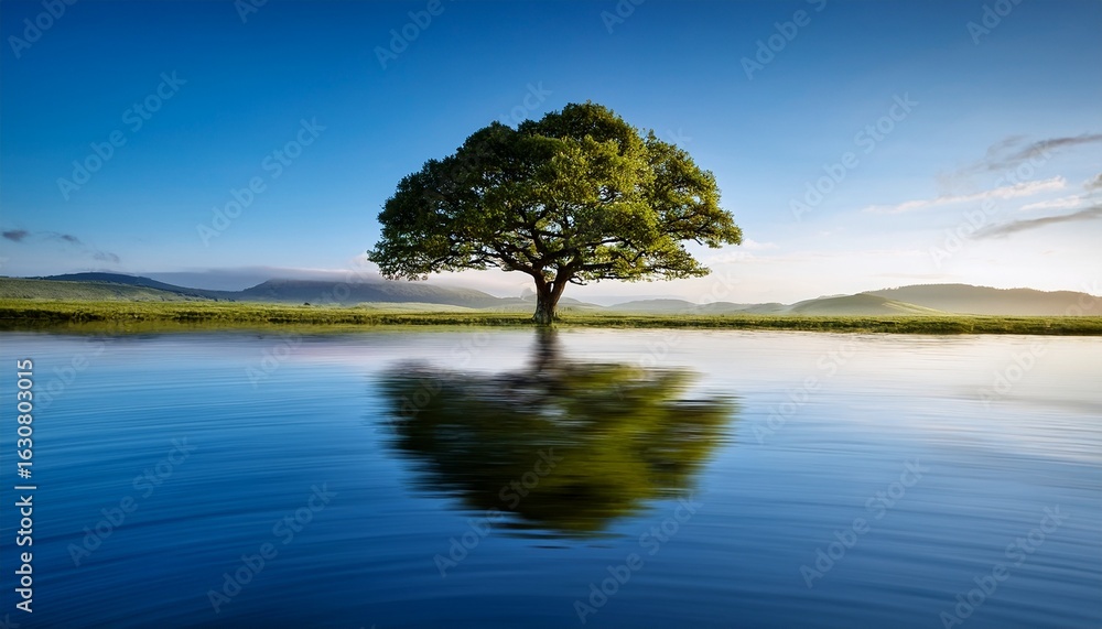 Obraz premium tranquil isolated tree on calm water surface in serene landscape