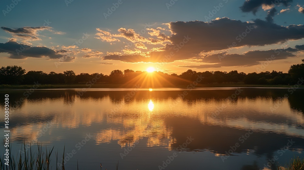 Fototapeta premium A serene sunset reflecting on a tranquil lake, surrounded by lush greenery and dramatic clouds, creating a picturesque natural scene.