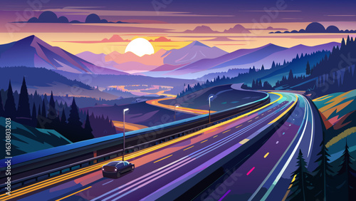 Evening light fades above the speeding Autobahn. Headlights streak across asphalt lanes. Silhouettes of trees blur past. Distant mountains darken slowly beneath skies painted in lavender, amber, and b