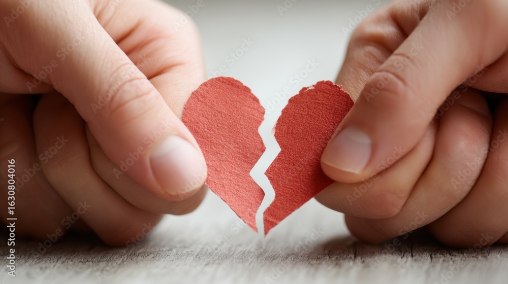 Fototapeta premium Medium shot of hands tightly grasped over uneven sheets a sharp brokenheart symbol in focus portraying strained love and unresolved conflict in a close relationship.