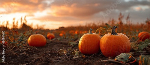 Autumn pumpkins in a field at sunset (1)