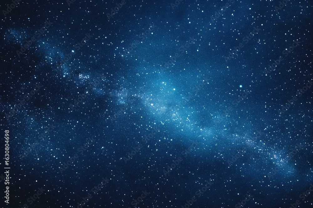Fototapeta premium Starry sky background, blue night sky full of stars, glowing stars in the dark space, starry background, dark night, stars in the distance, starlight, dark background with a blue glow, night sky. 