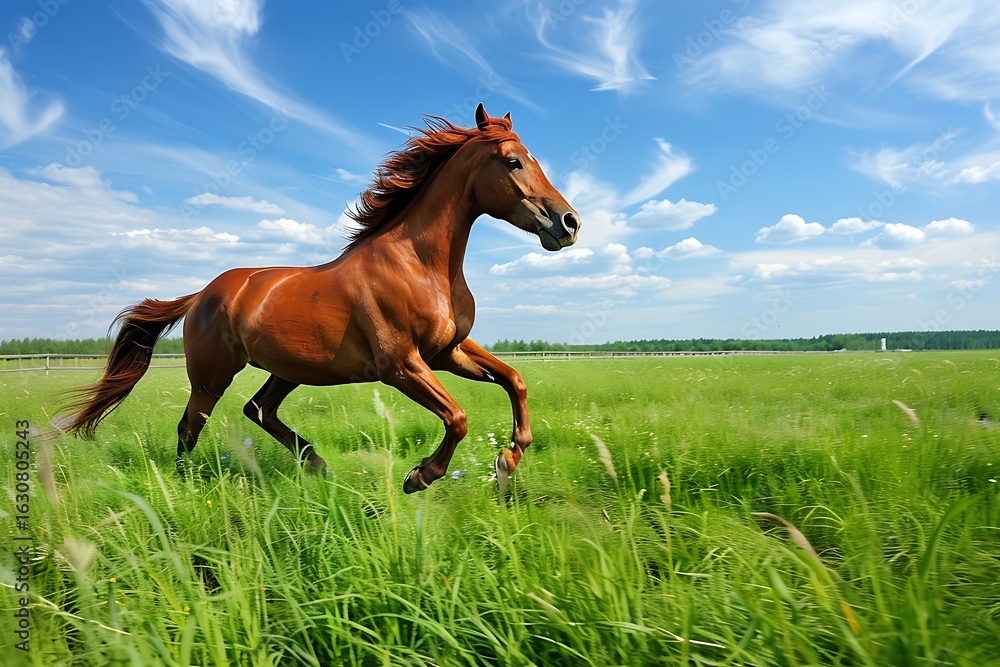 Fototapeta premium Majestic brown horse sprinting green meadow HD image