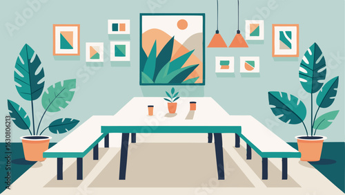 A minimalist dining room with a white wooden table and benches paired with a gallery wall of tropicalinspired prints and photographs.