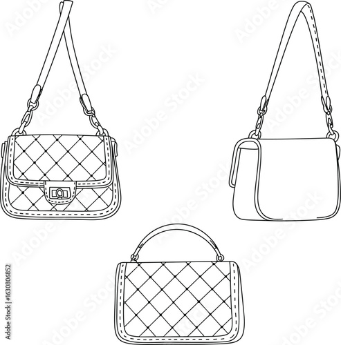 Collection of quilted handbags flat vector illustration, a detailed technical drawing of elegant women's accessories, perfect for fashion and luxury design projects