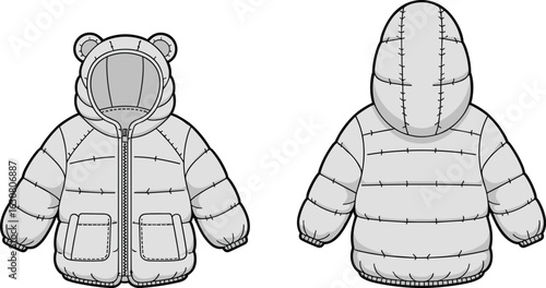 Cute kids puffer jacket with bear ears flat vector illustration, a detailed technical drawing of children's clothing, perfect for apparel and fashion design projects