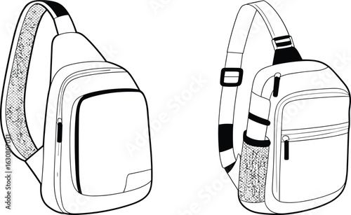 Modern sling bag flat vector illustration, a detailed technical drawing of versatile crossbody bags design, perfect for casual and outdoor accessory projects