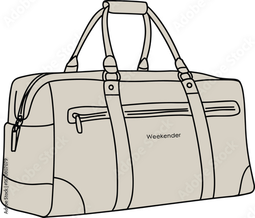Stylish Weekender bag flat vector illustration, a detailed technical drawing of a modern travel bag design, perfect for fashion and luggage projects