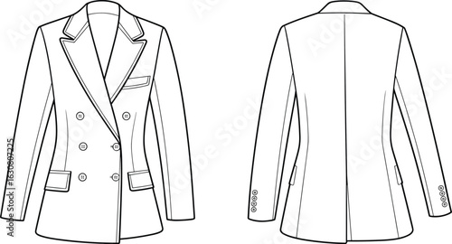 Women's double-breasted blazer flat vector illustration, a detailed technical drawing of professional apparel for fashion and office wear projects