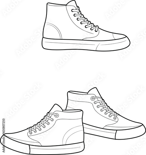 A vector outline illustration of three high-top sneakers in varying perspectives, showcasing casual footwear design in a clean, minimalist style for fashion and apparel concepts