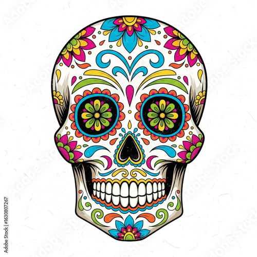 Colorful Sugar Skull with Floral Patterns and Ripped Paper Texture Flat Vector