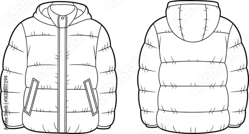 Classic hooded puffer jacket flat vector illustration, a detailed technical drawing of warm winter outerwear apparel for fashion and design projects