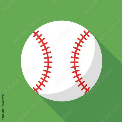 White baseball with red stitches on a vibrant green field background, sports equipment.