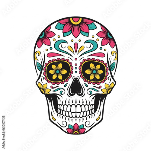 Colorful Sugar Skull with Floral Patterns and Ripped Paper Texture Flat Vector