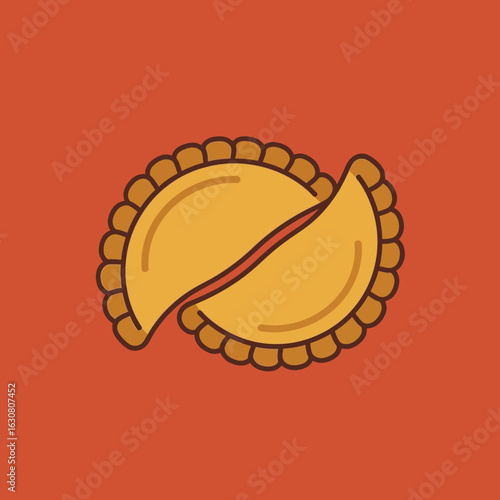 Golden baked empanada on a warm orange background, savory pastry.
