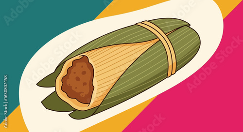 Delicious traditional tamale wrapped in a green leaf on a colorful striped background.