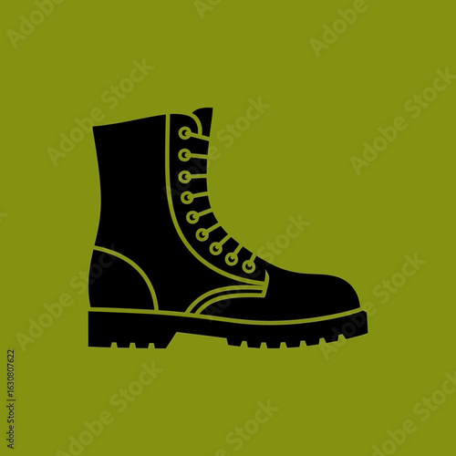 Black Combat Boot Icon with Laces on a Solid Olive Green Background