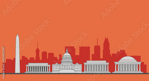 Famous Washington D.C. Skyline with Iconic Landmarks on Orange Isolated Background