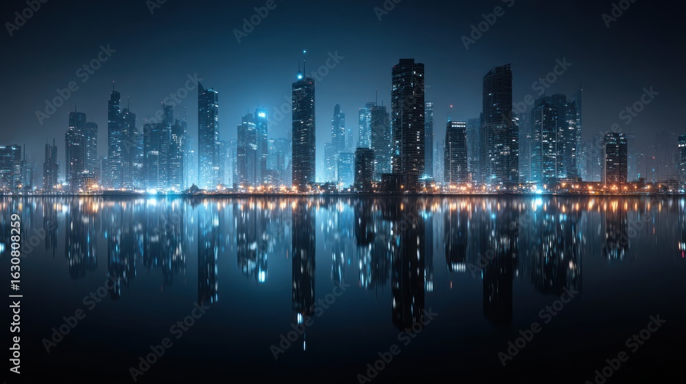 Fototapeta premium Nighttime cityscape reflected in calm water, modern metropolis architecture