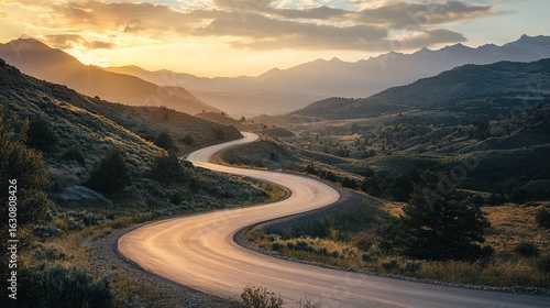 A winding road snakes through a picturesque landscape at sunset, framed by mountains and lush greenery, creating a serene and inviting atmosphere.