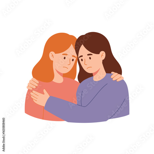 Two women comforting each other while expressing sadness and support  