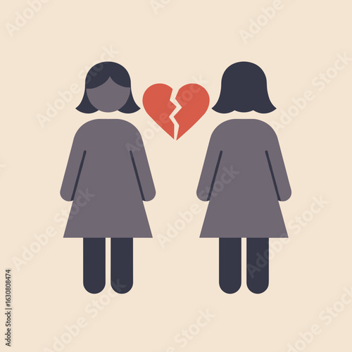 Two women icons with broken heart symbol illustrating relationship loss  quarrel in a couple problems  breakup family problems